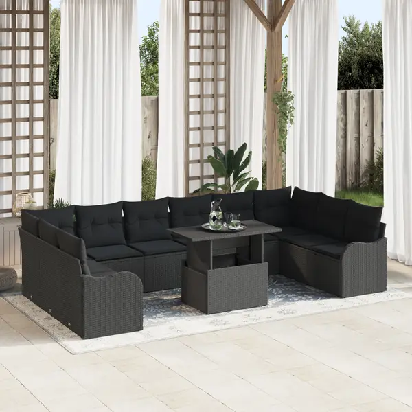 Gossi set canapea gradina 11 piese cu perne ratan poli negru, Gossi canapea gradina 2 locuri cu perne ratan poli negru