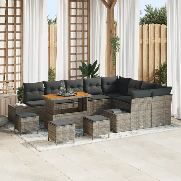 Gossi set canapea gradina 13 piese cu perne gri poliratan acacia, Gossi set dining gradina 4 piese cu perne gri poliratan acacia, Gossi canapea gradina 2 locuri cu perne gri poliratan