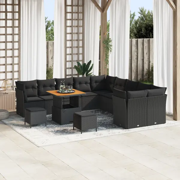Gossi set canapea gradina 13 piese cu perne negru rattan poli acacia