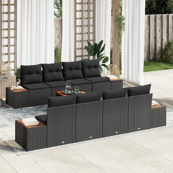 Gossi set canapea gradina 9 piese cu perne negru ratan poliester lemn acacia