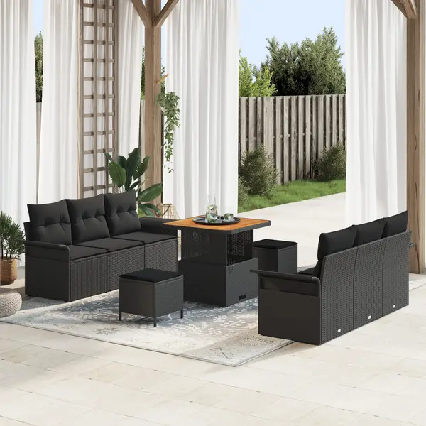 Gossi set canapea gradina 9 piese si perne negre din poliratan acacia, Gossi canapea gradina 2 locuri cu perne negre din poliratan, Gossi set dining gradina 3 piese si perne negre din poliratan acacia