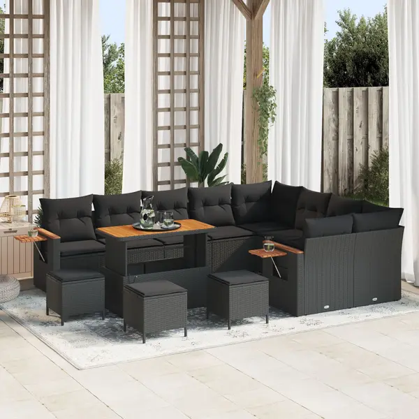 Gossi set canapea gradina cu 12 piese si perne ratan negru acacia, Gossi set de mese gradina cu 3 piese si perne ratan negru acacia