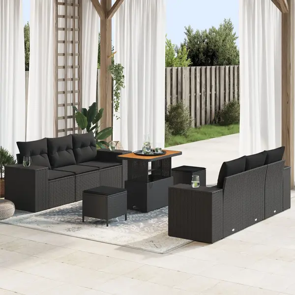 Gossi set canapea gradina cu 9 piese cu pernite negru poliratan acacia, Gossi set de dining pentru gradina cu 3 piese cu pernite negru poliratan acacia