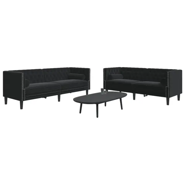 Gossi set canapele chesterfield cu perne rulou 2 piese negru catifea