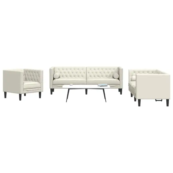 Gossi set canapele chesterfield cu perne rulou 3 piese, crem, catifea