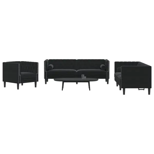 Gossi set canapele chesterfield cu perne rulou 3 piese negru catifea