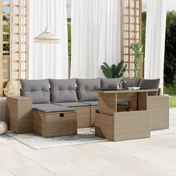 Gossi set canapele de gradina, 7 piese, cu perne, bej, poliratan