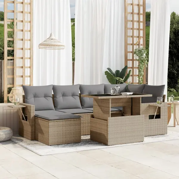 Gossi set canapele de gradina, 7 piese, cu perne, bej, poliratan