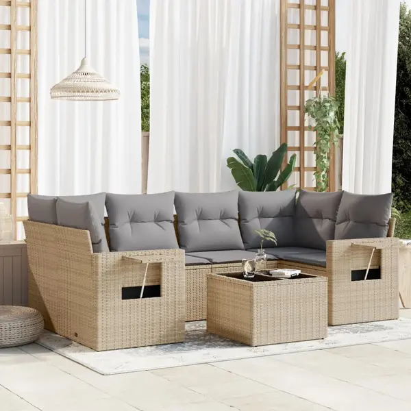 Gossi set canapele de gradina, 7 piese, cu perne, bej, poliratan
