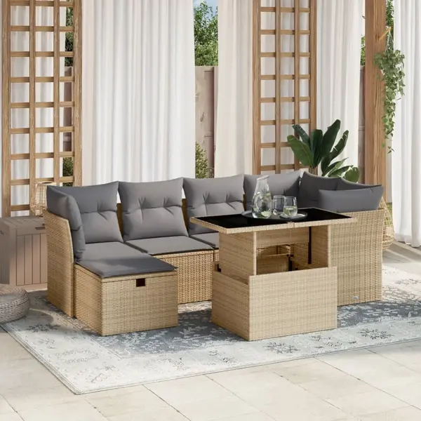 Gossi set canapele de gradina, 7 piese, cu perne, bej, poliratan