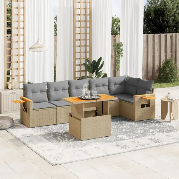Gossi set canapele de gradina, 7 piese, cu perne, bej, poliratan