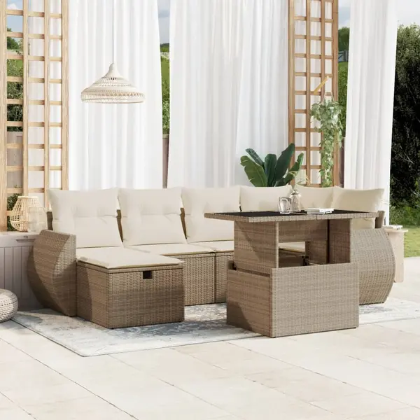 Gossi set canapele de gradina, 7 piese, cu perne, bej, poliratan