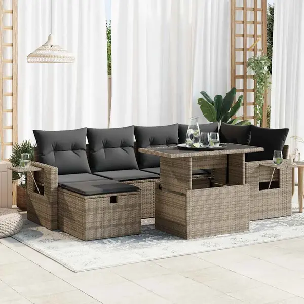 Gossi set canapele de gradina, 7 piese, cu perne, gri, poliratan