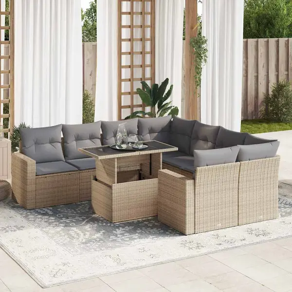 Gossi set canapele de gradina, 9 piese, cu perne, bej, poliratan