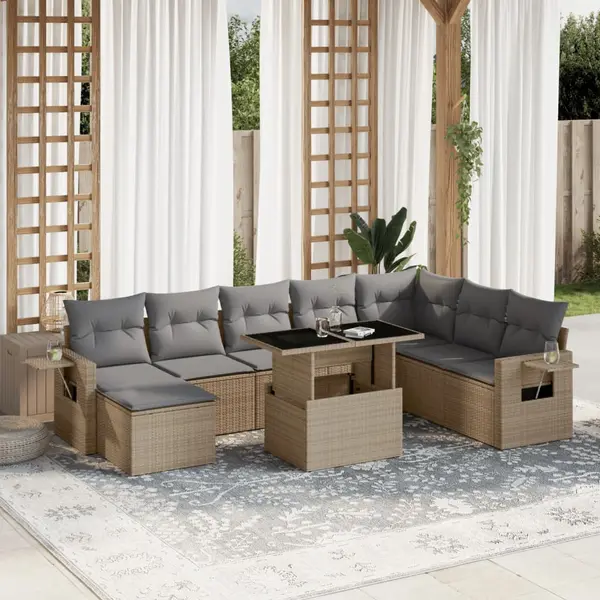 Gossi set canapele de gradina, 9 piese, cu perne, bej, poliratan