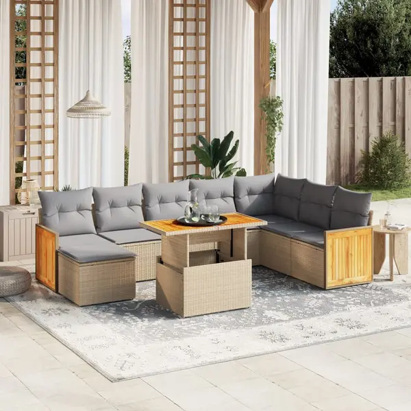 Gossi set canapele de gradina, 9 piese, cu perne, bej, poliratan