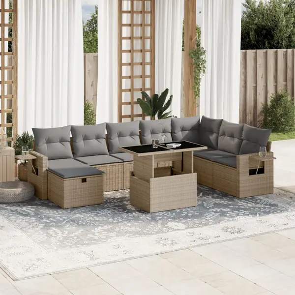 Gossi set canapele de gradina, 9 piese, cu perne, bej, poliratan