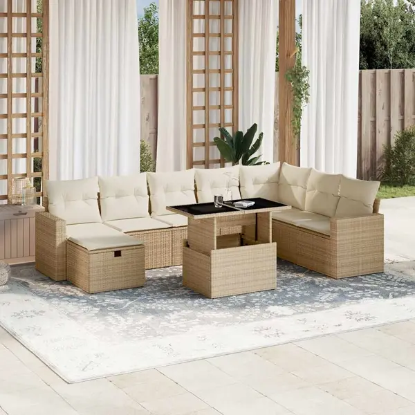 Gossi set canapele de gradina, 9 piese, cu perne, bej, poliratan