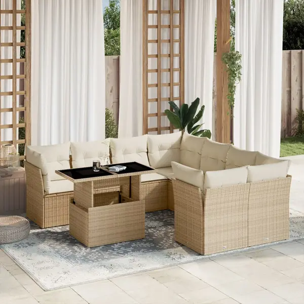Gossi set canapele de gradina, 9 piese, cu perne, bej, poliratan