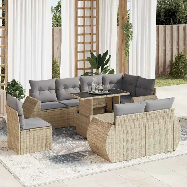 Gossi set canapele de gradina, 9 piese, cu perne, bej, poliratan