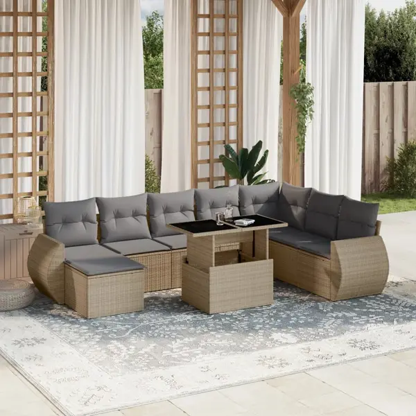 Gossi set canapele de gradina, 9 piese, cu perne, bej, poliratan