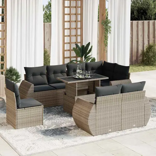 Gossi set canapele de gradina, 9 piese, cu perne, gri, poliratan