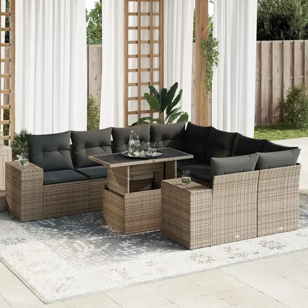 Gossi set canapele de gradina, 9 piese, cu perne, gri, poliratan