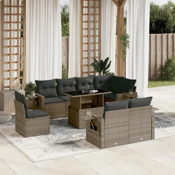 Gossi set canapele de gradina, 9 piese, cu perne, gri, poliratan