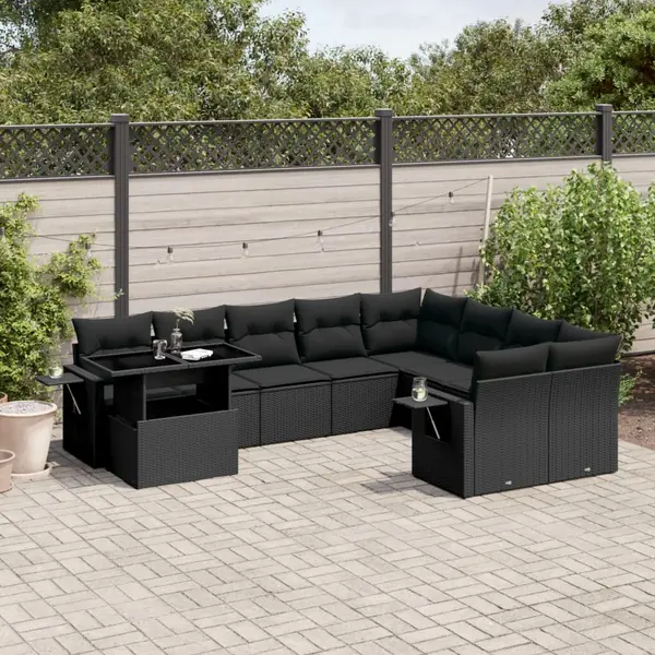 Gossi set canapele de gradina cu perne, 10 piese, negru, poliratan