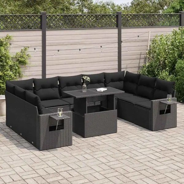 Gossi set canapele de gradina cu perne, 10 piese, negru, poliratan