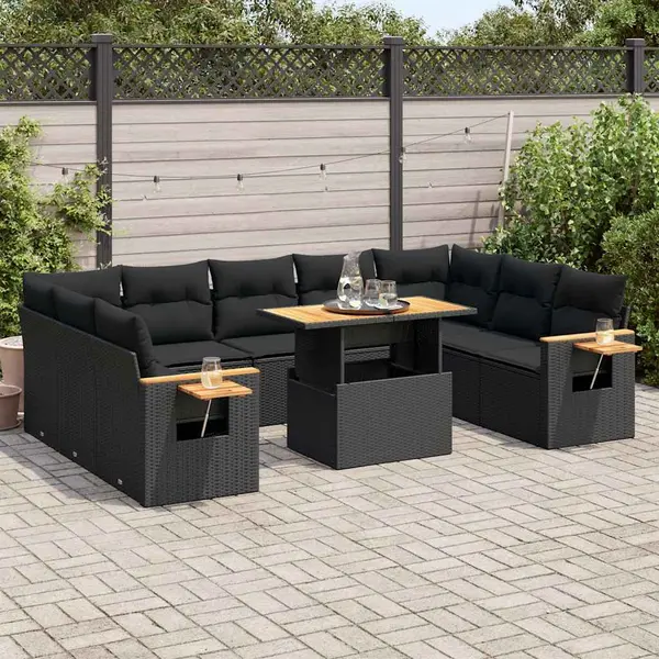 Gossi set canapele de gradina cu perne, 10 piese, negru, poliratan