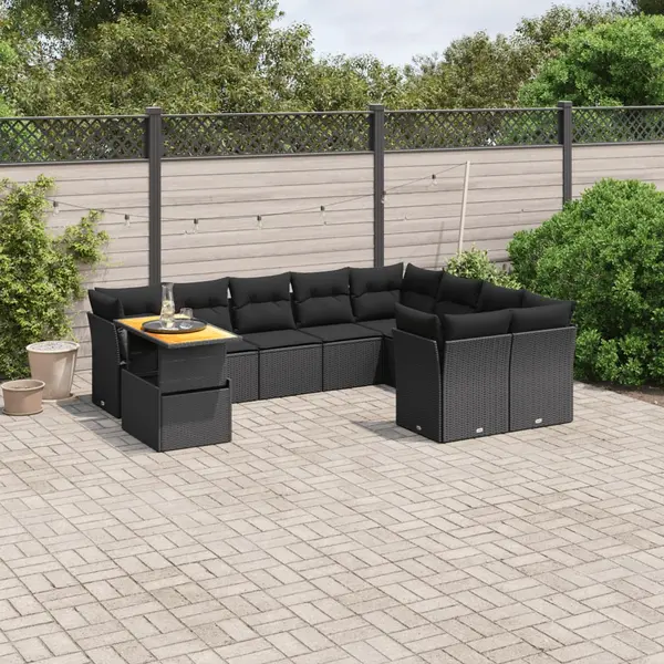 Gossi set canapele de gradina cu perne, 10 piese, negru, poliratan
