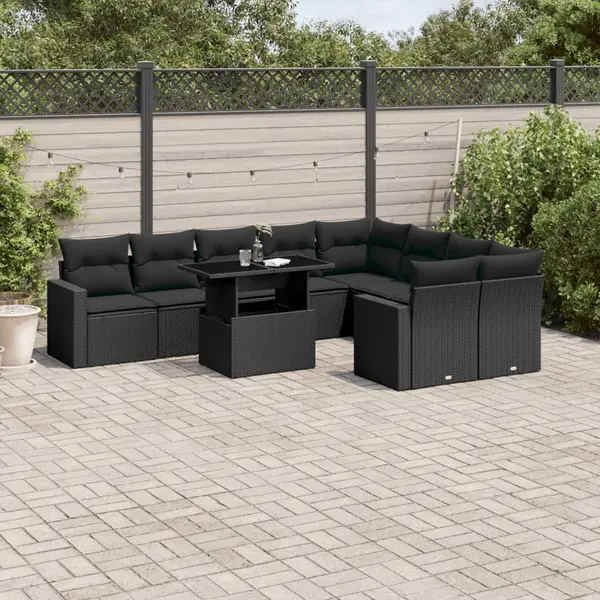 Gossi set canapele de gradina cu perne, 10 piese, negru, poliratan