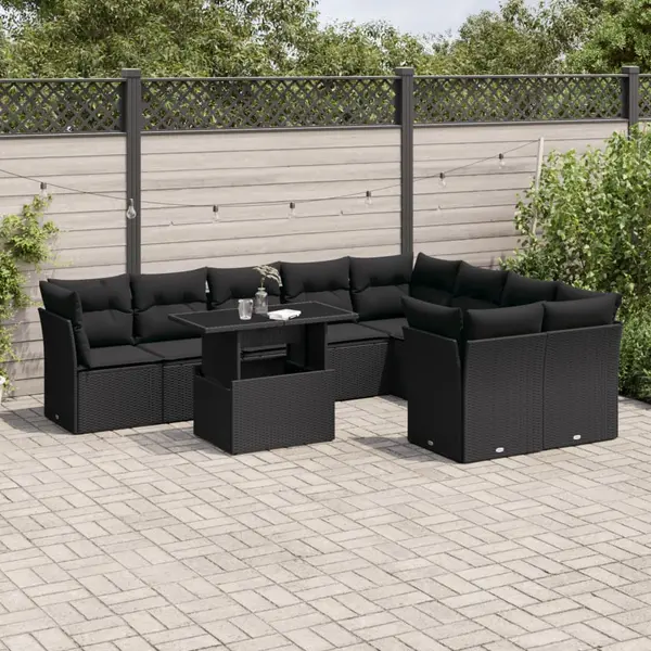 Gossi set canapele de gradina cu perne, 10 piese, negru, poliratan