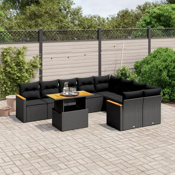 Gossi set canapele de gradina cu perne, 10 piese, negru, poliratan