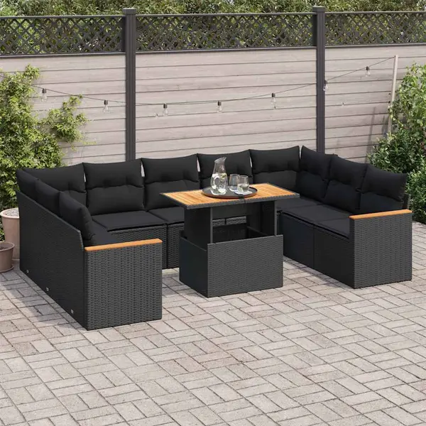 Gossi set canapele de gradina cu perne, 10 piese, negru, poliratan