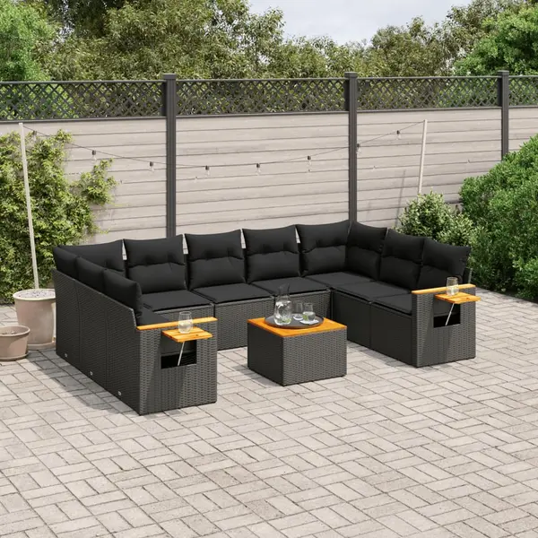 Gossi set canapele de gradina cu perne, 10 piese, negru, poliratan