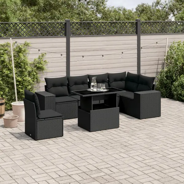 Gossi set canapele de gradina cu perne, 7 piese, negru, poliratan