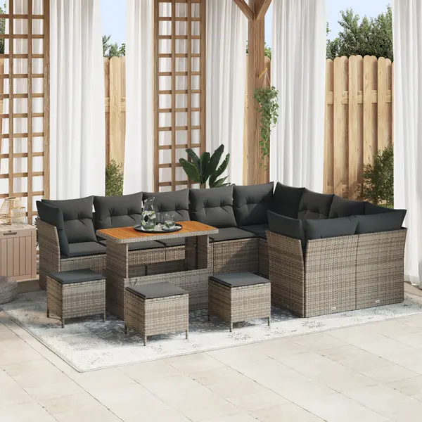 Gossi set canapele gradina cu 13 piese si perne gri ratan sintetic acacia, Gossi set de dining pentru gradina cu 4 piese si perne gri ratan sintetic acacia