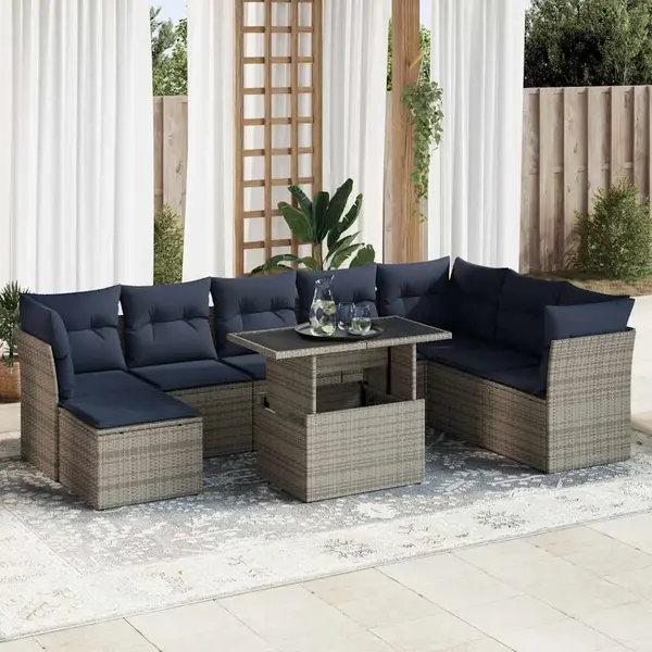 Gossi set canapele gradina cu perne 9 piese gri poliratan/lemn acacia