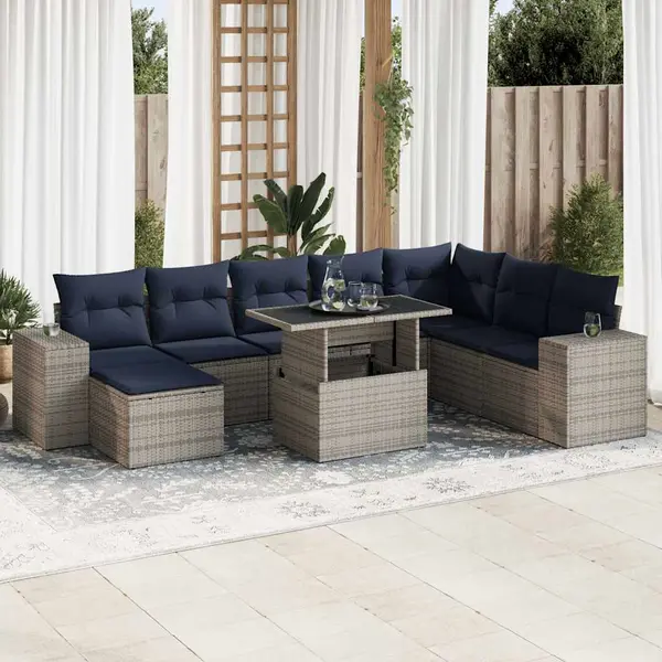 Gossi set canapele gradina cu perne 9 piese gri poliratan/lemn acacia