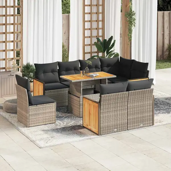 Gossi set canapele gradina cu perne 9 piese gri poliratan/lemn acacia