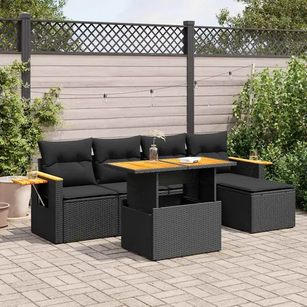 Gossi set canapele gradina perne 7 piese negru, poliratan/lemn acacia