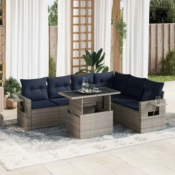 Gossi set canapele gradina perne 7 piese negru, poliratan/lemn acacia