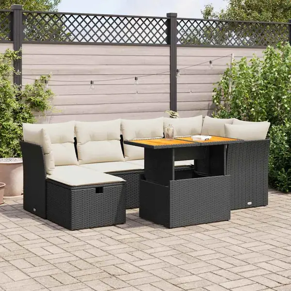 Gossi set canapele gradina perne 7 piese negru, poliratan/lemn acacia