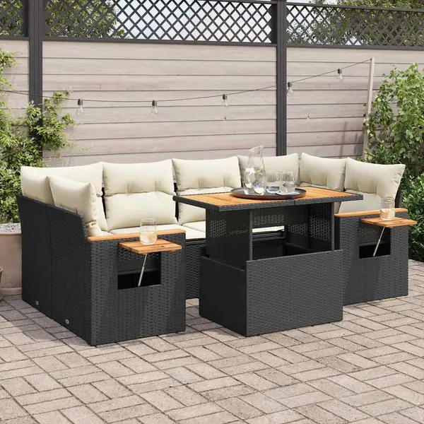 Gossi set canapele gradina perne 7 piese negru, poliratan/lemn acacia