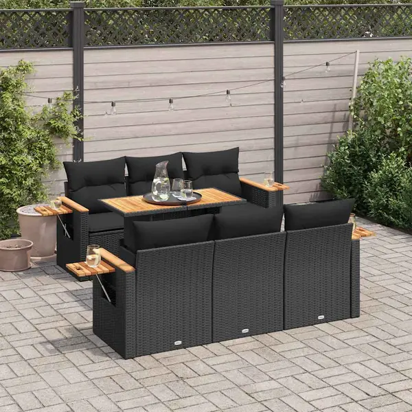 Gossi set canapele gradina perne 7 piese negru, poliratan/lemn acacia
