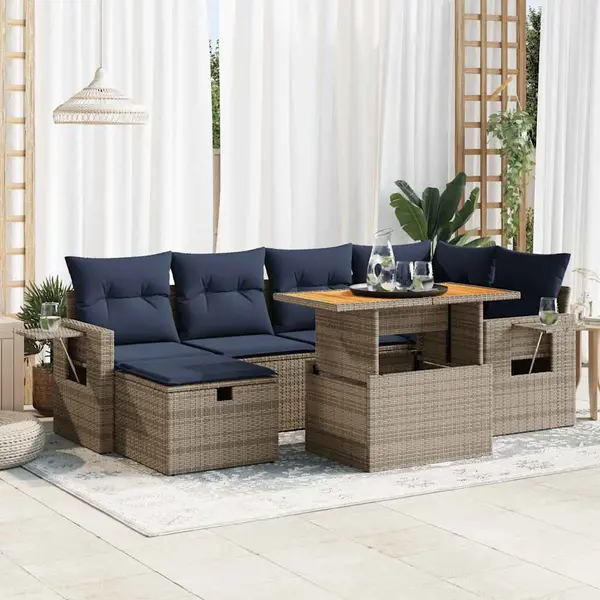 Gossi set canapele gradina perne 7 piese negru, poliratan/lemn acacia