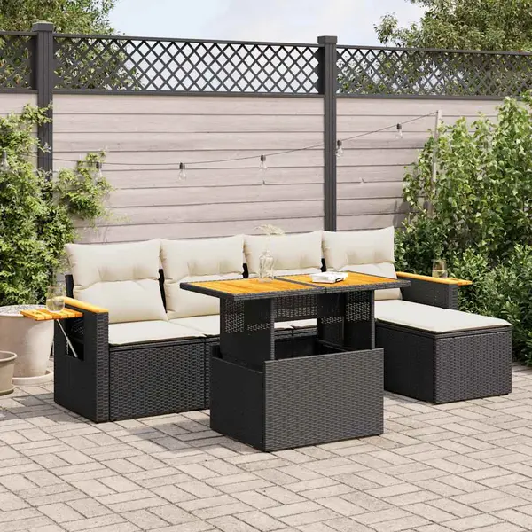 Gossi set canapele gradina perne 7 piese negru, poliratan/lemn acacia