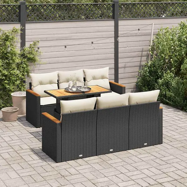 Gossi set canapele gradina perne 7 piese negru, poliratan/lemn acacia